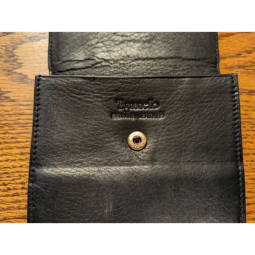 Vintage Tignanello Black Leather Tri Fold‎ Wallet Snap Closure Gold Tone Accent
